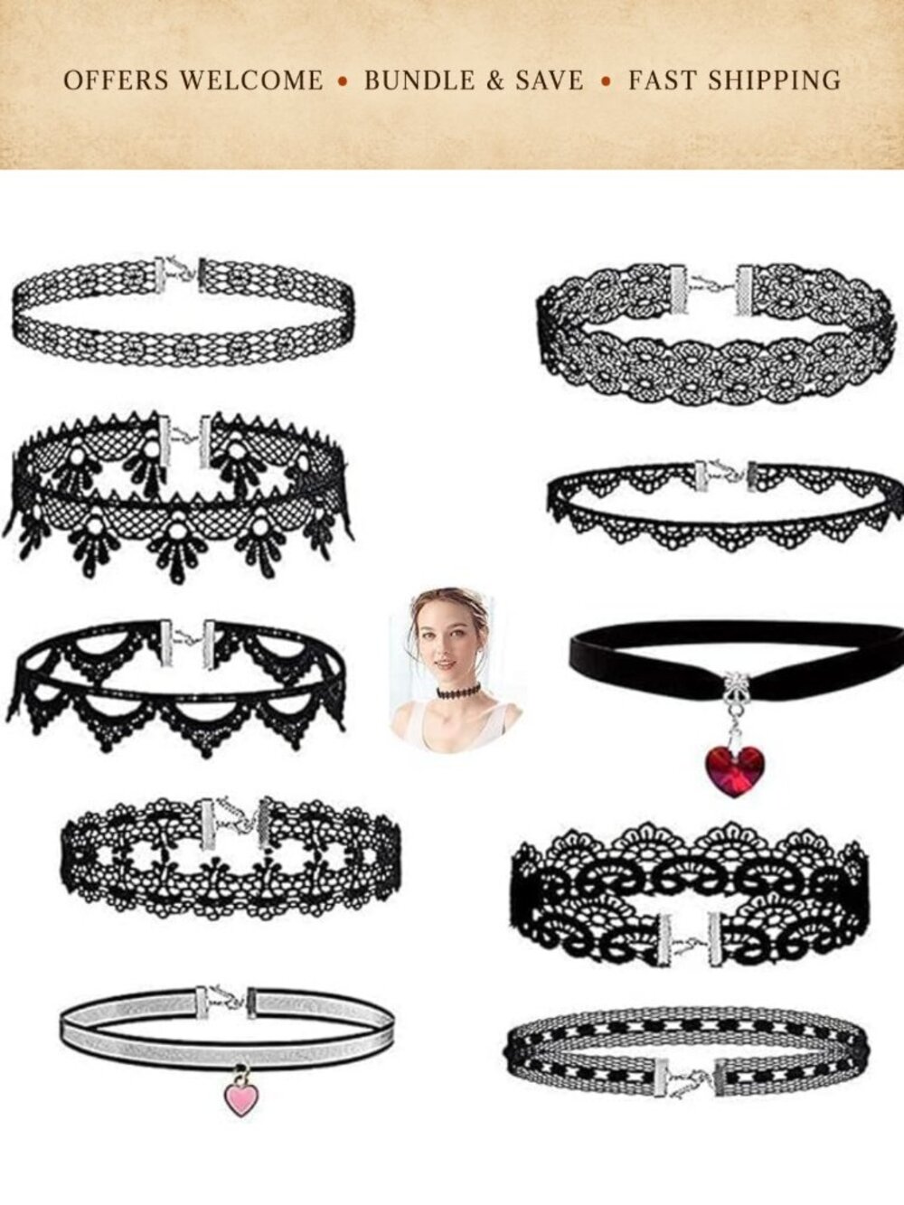 10 Pc Velvet Choker Necklace Set Gothic Lace Adjustable 12 in